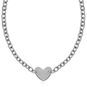 Sterling Silver Rhodium Plated Chain Bracelet with a Flat Heart Motif Station