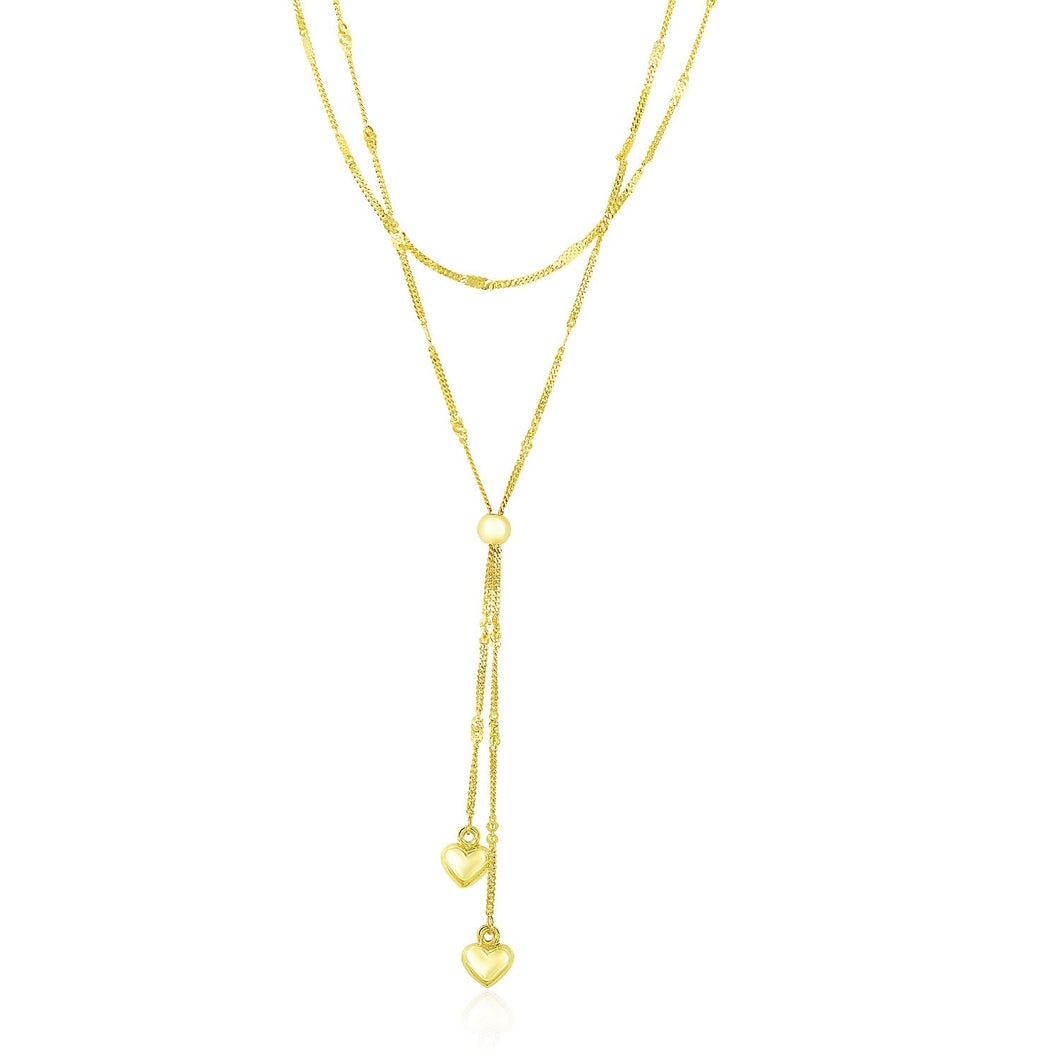 14k Yellow Gold Puffed Heart Lariat Double Strand Necklace
