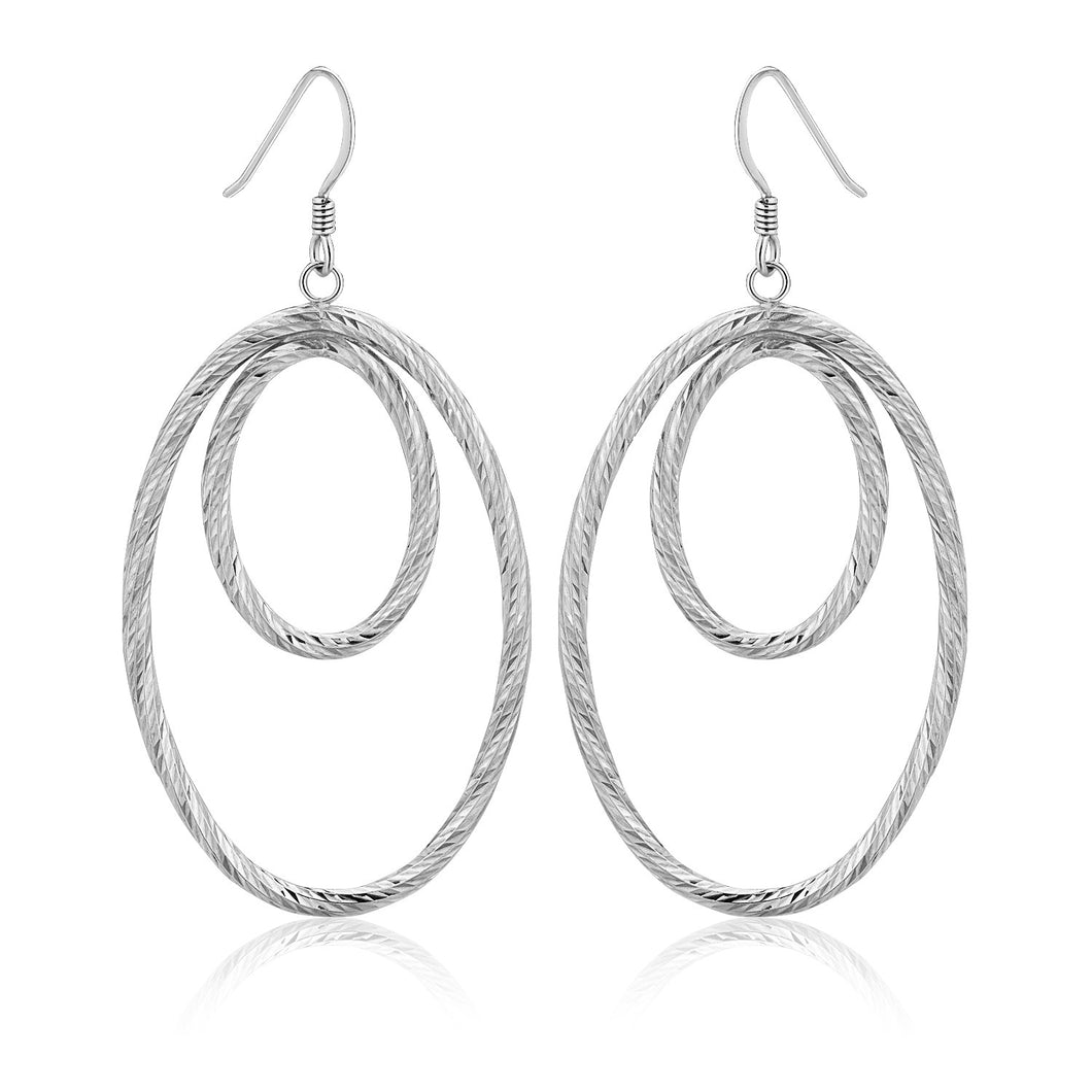 Sterling Silver Textured Dual Open Oval Drop Style Earrings