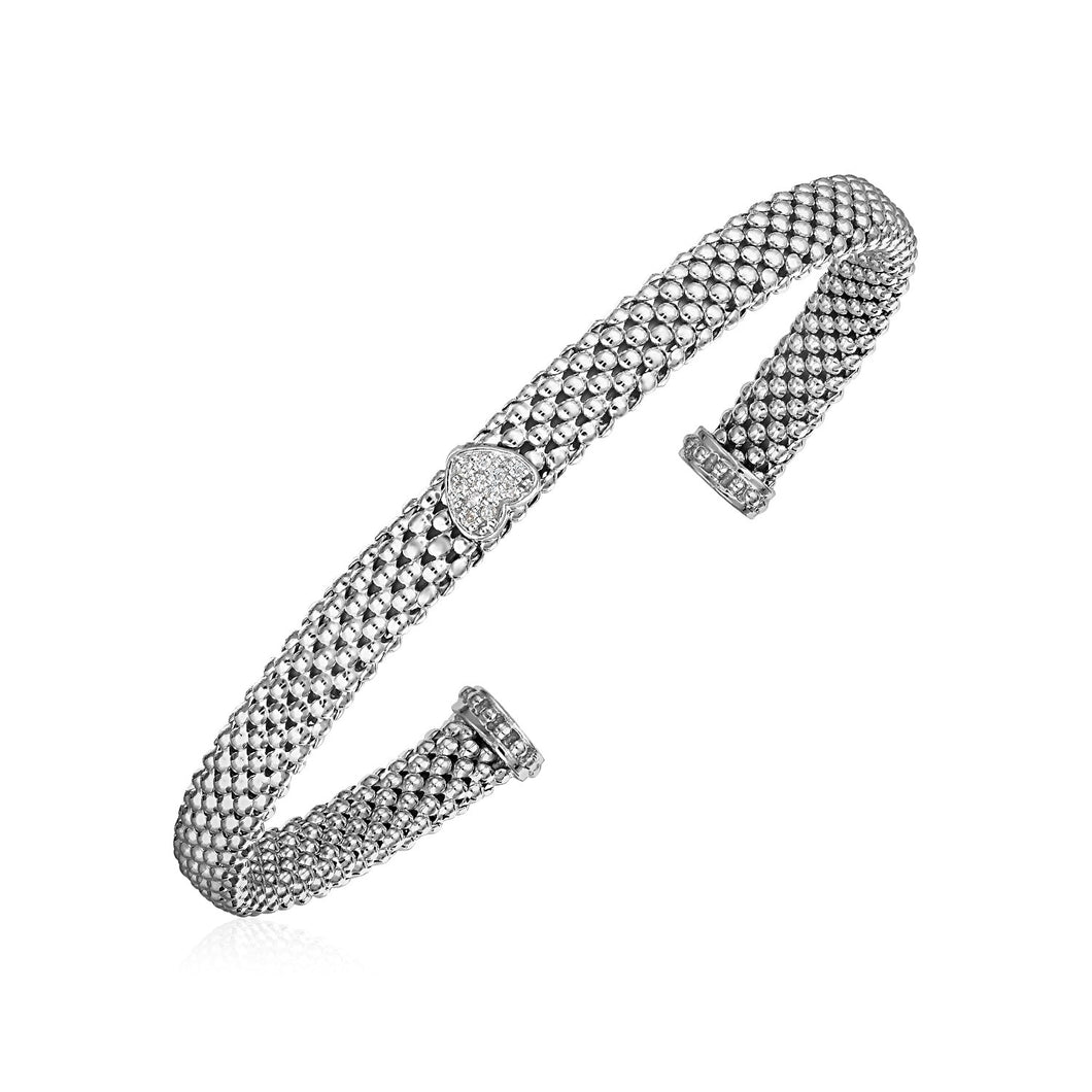 Popcorn Texture Cuff Bangle with Diamond Heart in Sterling Silver