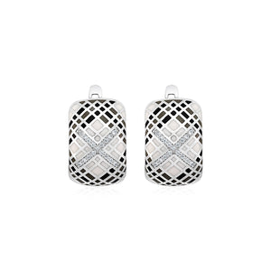 Plaid Motif Earrings with Enamel and Cubic Zirconia in Sterling Silver