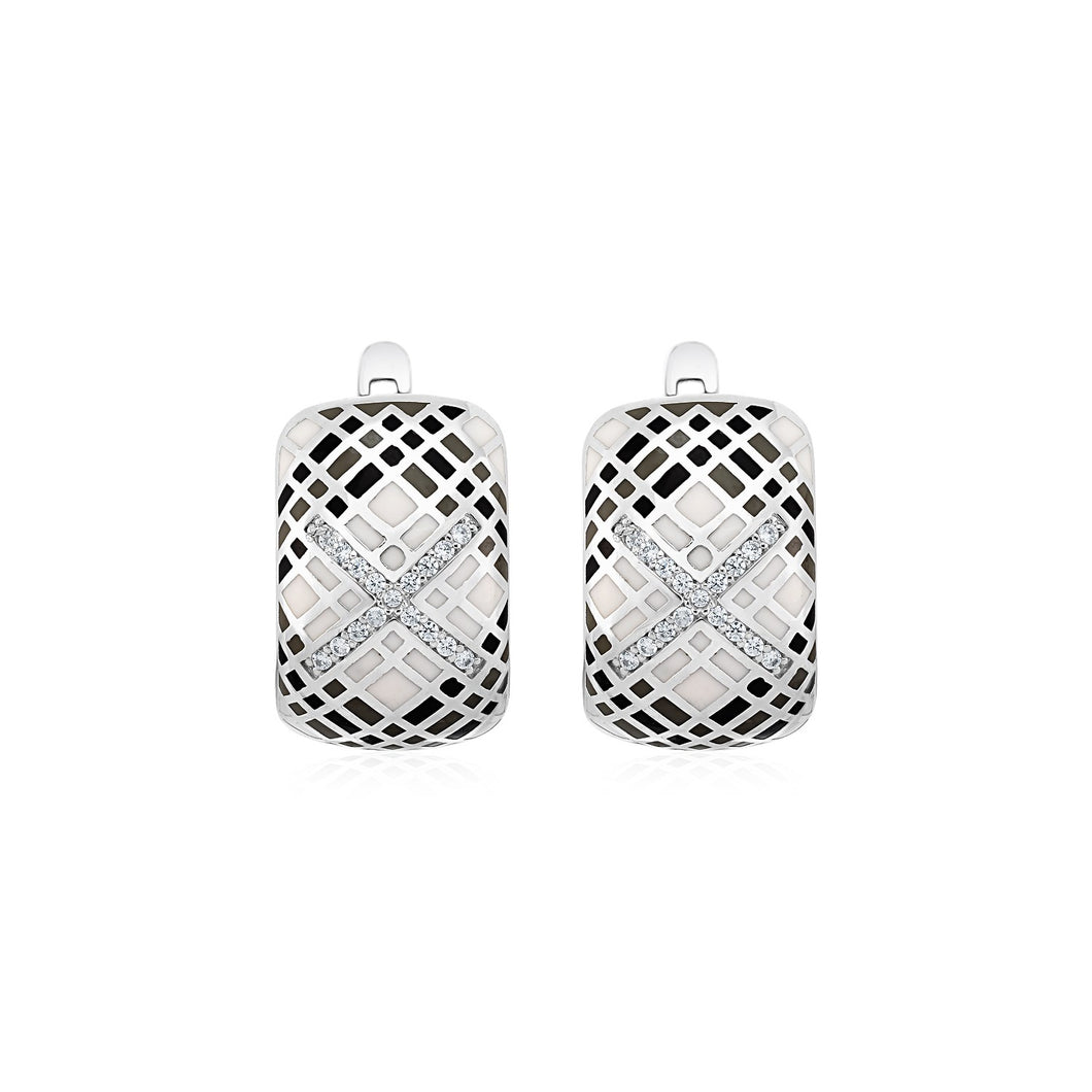 Plaid Motif Earrings with Enamel and Cubic Zirconia in Sterling Silver