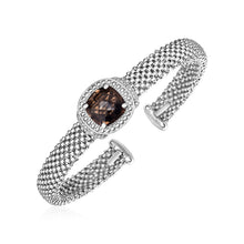 Popcorn Texture Cuff Bangle with Smokey Quartz and Diamonds in Sterling Silver