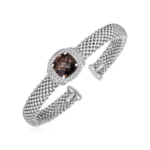 Popcorn Texture Cuff Bangle with Smokey Quartz and Diamonds in Sterling Silver