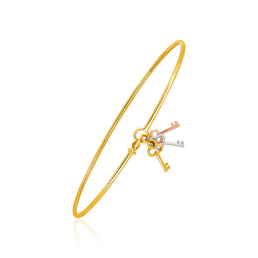 14k Bangle with Yellow,  White,  and Rose Gold Clover Key Charms