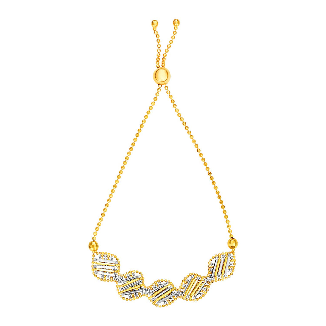 Textured Square Motif Adjustable Bracelet in 14k Yellow and White Gold